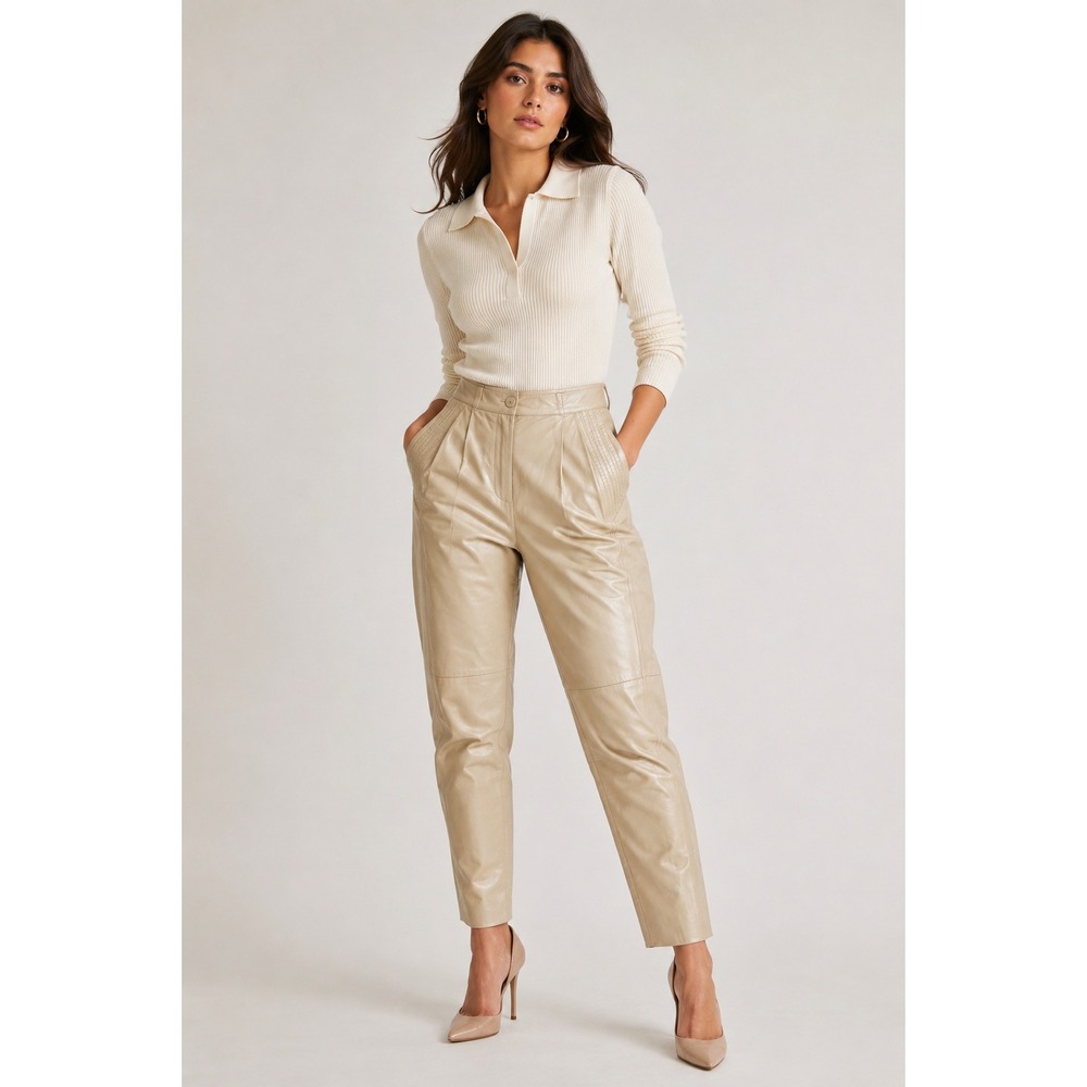 Vintage Suzelle Cigarette Leather Pants Beige High Rise Pockets Lined Size 8